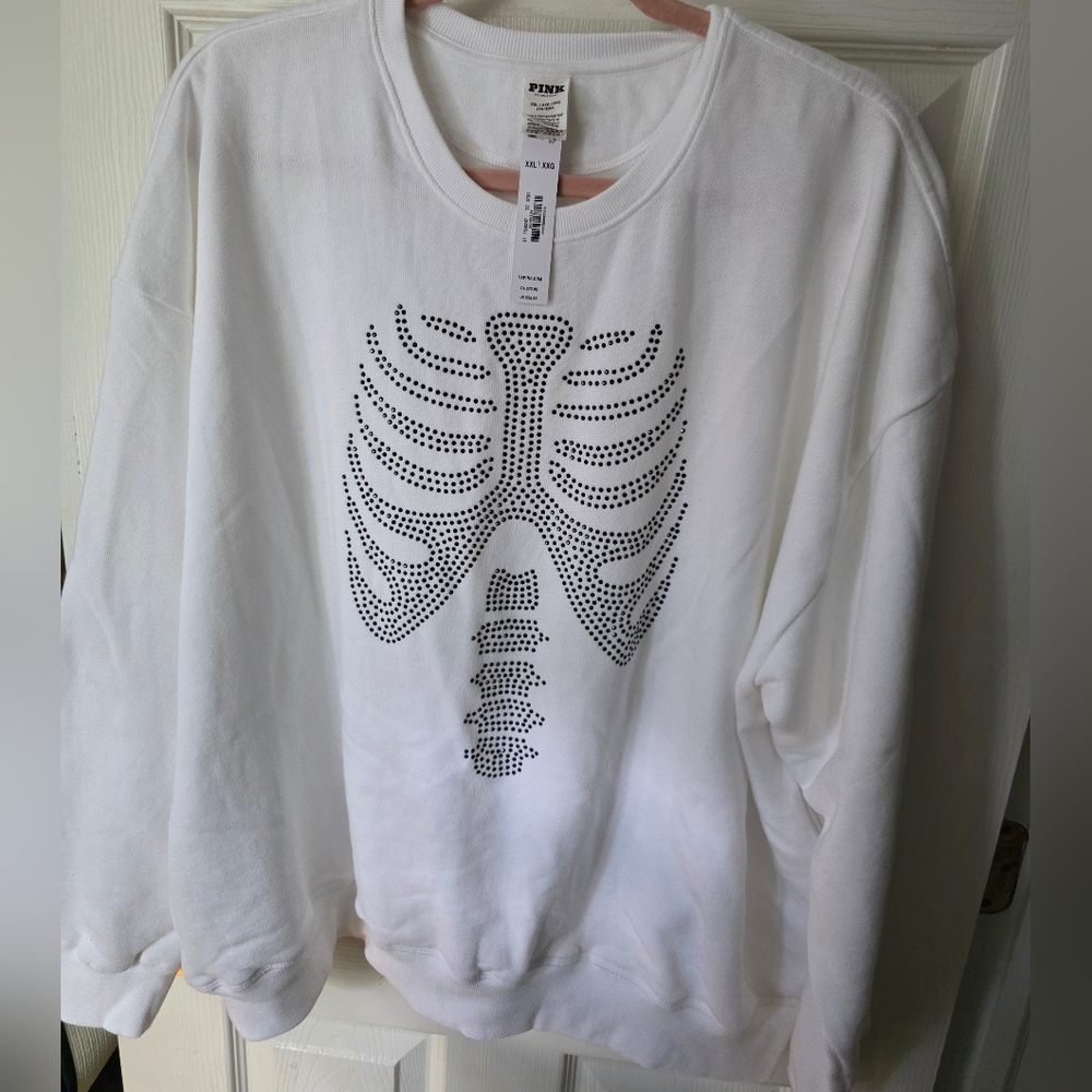 VICTORIAS SECRET PINK White Skeleton bling rhinestone ribcage sweatshirt Sz XXL